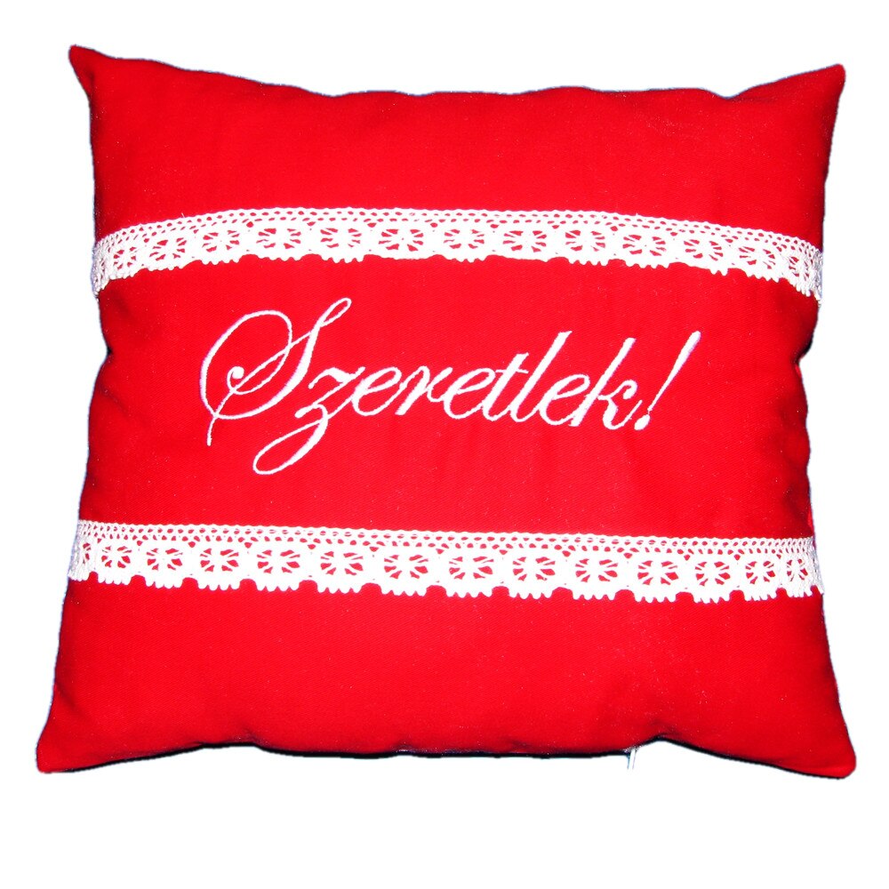 Perna bumbac cu dantela Szeretlek, mod. 1, rosu, 40x40 cm, Happy Gifts