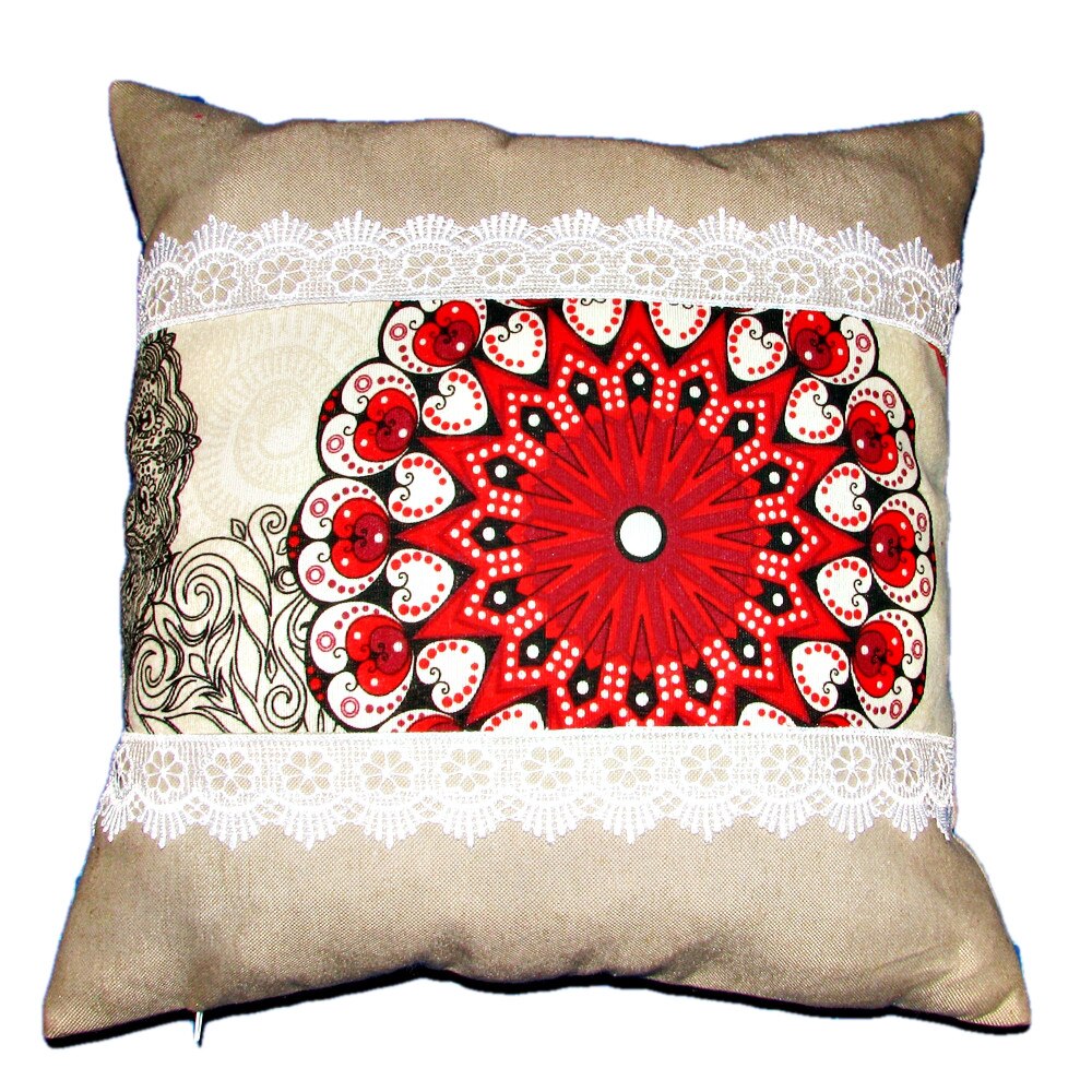 Perna bumbac cu dantela mandala-bej natur, 40x40 cm, Happy Gifts