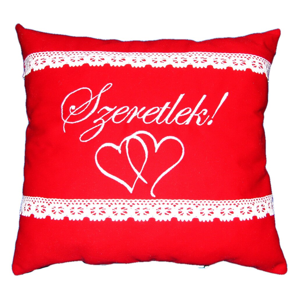Perna bumbac cu dantela Szeretlek, mod. 2, rosu, 40x40 cm, Happy Gifts