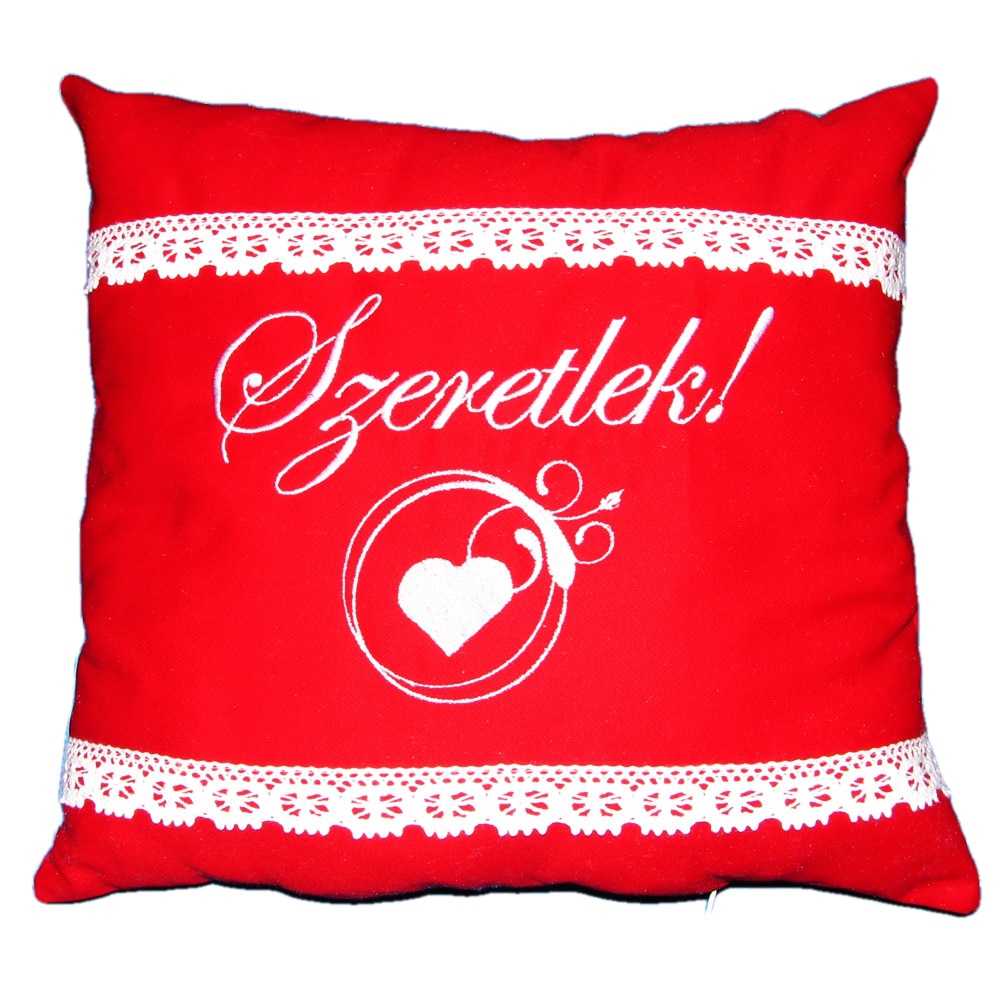Perna bumbac cu dantela Szeretlek, mod. 3, rosu, 40x40 cm, Happy Gifts