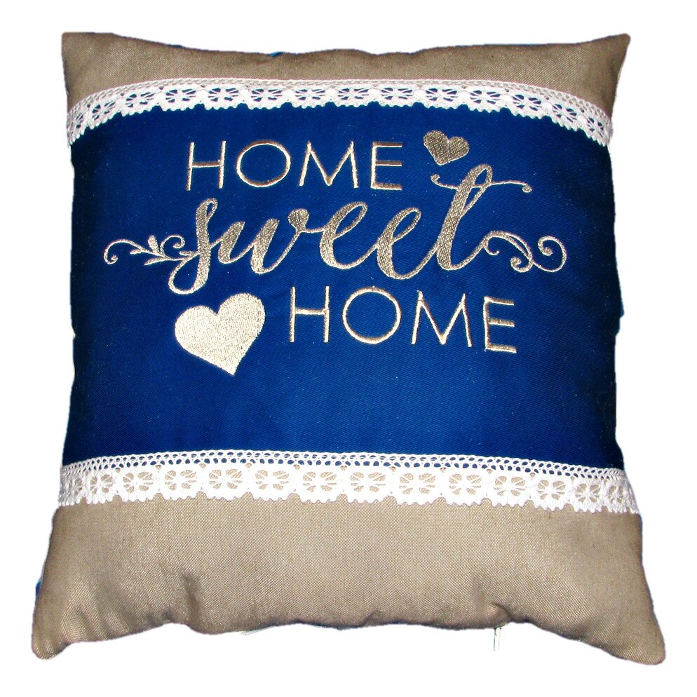 Perna brodata Home sweet home, design 1, albastru-bej natur, 40x40 cm, Happy Gifts