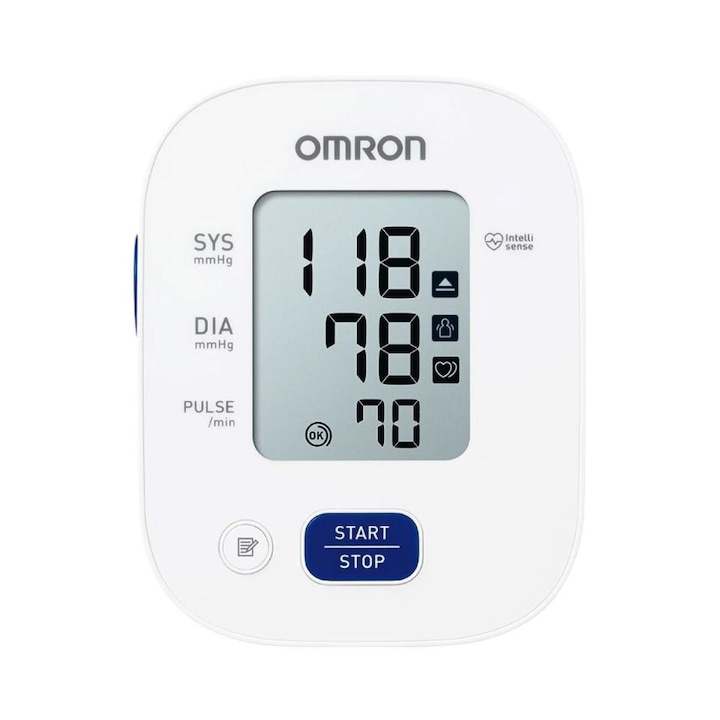 Апарат за измерване на кръвно налягане Omron M2+, Технология Intellisense, Клинично валидирано устройство, голям маншет 22-42 см, Бял/Сив