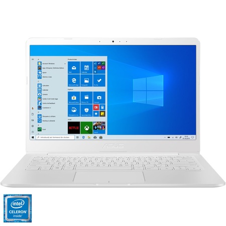 Laptop ultraportabil ASUS E14 Thin E406MA cu procesor Intel® Celeron® N4000 pana la 2.60 GHz, 14", Full HD, 4GB, 64GB eMMC, Intel® UHD Graphics 600, Windows 10 Home S, Pearl White