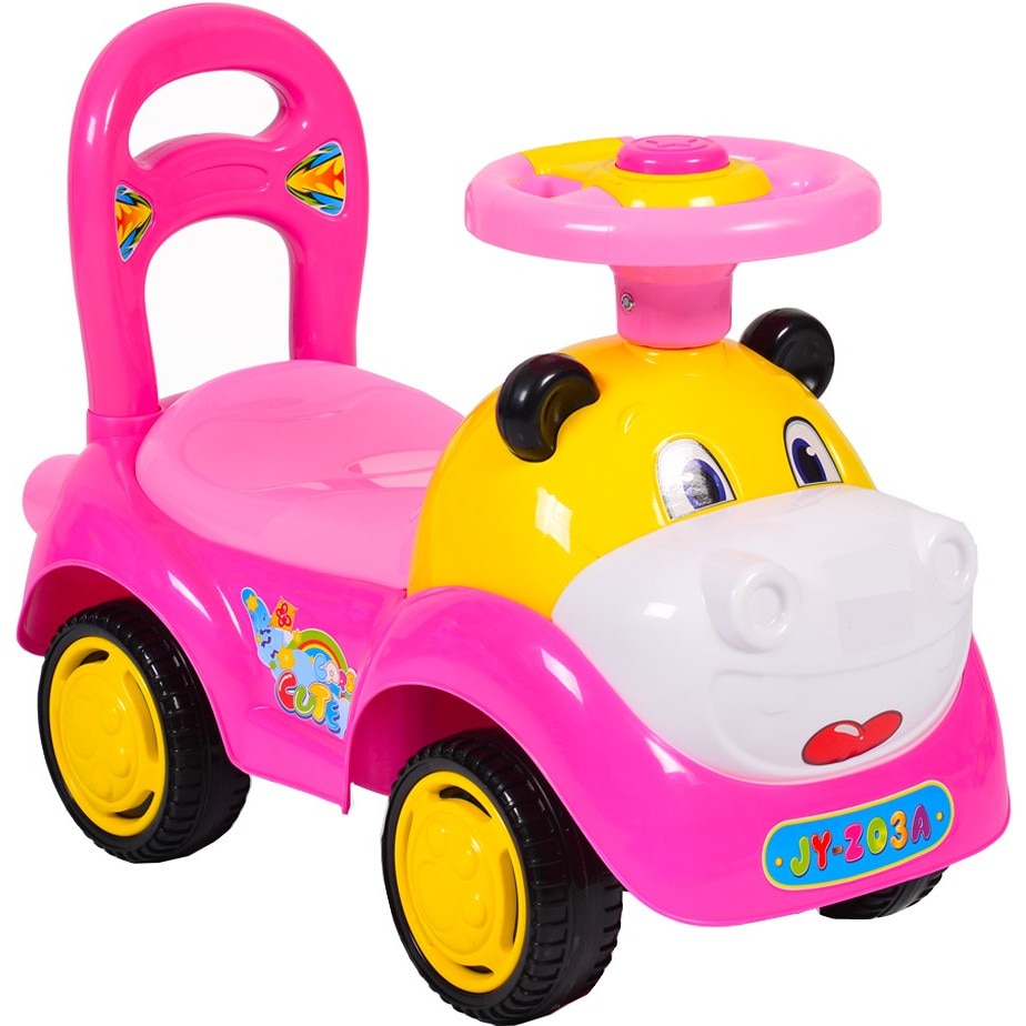 Masinuta cu functie de trotineta fara pedale NOVOKIDS™ Super Hipo Car , Cu melodii si sunete, maxim 25 kg , Pentru interior si exterior, Model Hipopotam, Roz
