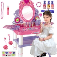 Masuta de Machiaj pentru Fetite, JOLIE CHIC, Oglinda, Uscator, Accesorii Superbe, Sunete si Lumini, Roz/Mov