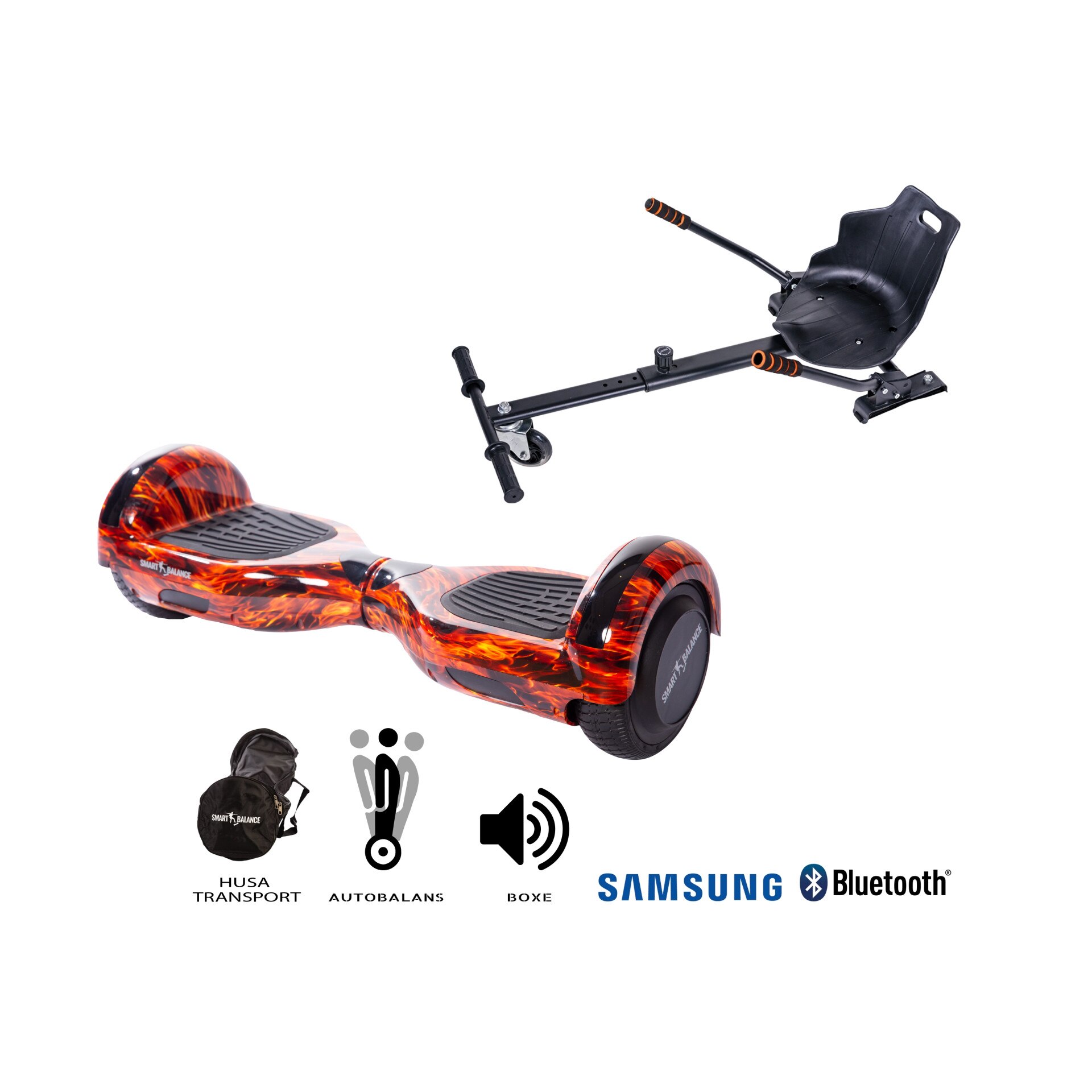PACHET PROMO Smart Balance™ Premium Brand: Hoverboard Regular Flame + Hoverseat, roti 6.5 inch Bluetooth, baterie Celule Samsung, Boxe incorporate, AutoBalans, Geanta de transport, putere 1000W, led-uri, lumini de zi/noapte, autonomie 15 km