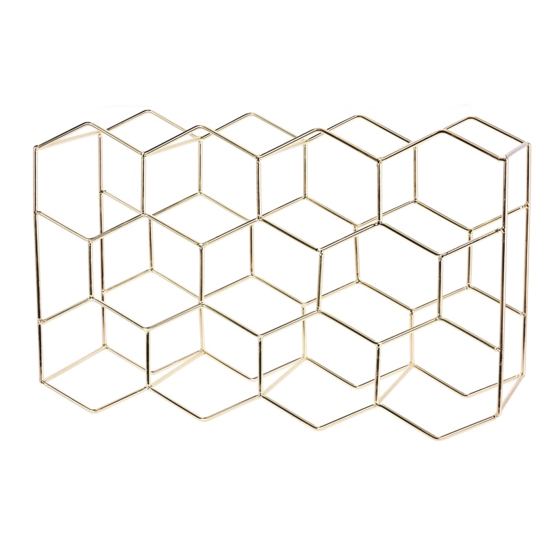 Suport din Metal Auriu, NAGO, pentru 11 Sticle Vin, model Fagure, 44.5x29.5x15cm, G 1.1kg