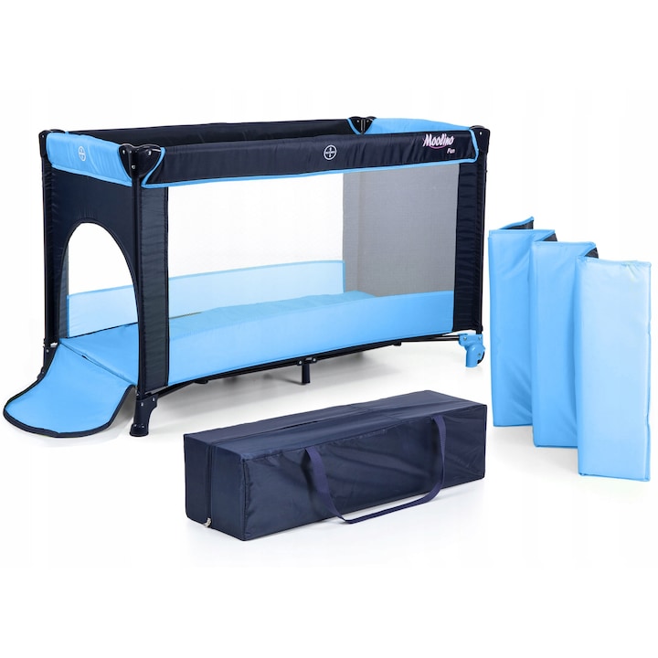 ISP MOOLINO ултра-преносимо сгъваемо детско креватче за пътуване, лесно за транспортиране, идеално за пътуване, издръжлив материал със странична защита и включен матрак, синьо
