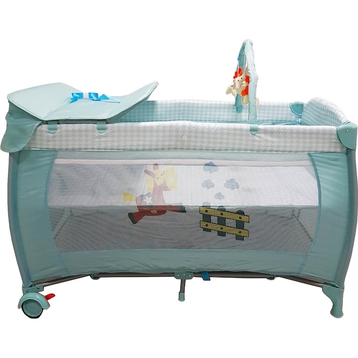 Сгъваемо легло, превръщащо се в кошара Baby Care™ NEST, 60X120 см, 2 нива, Маса за повиване, Играчка въртележка с допълнителни играчки, Страничен цип за достъп, Лазурно синьо