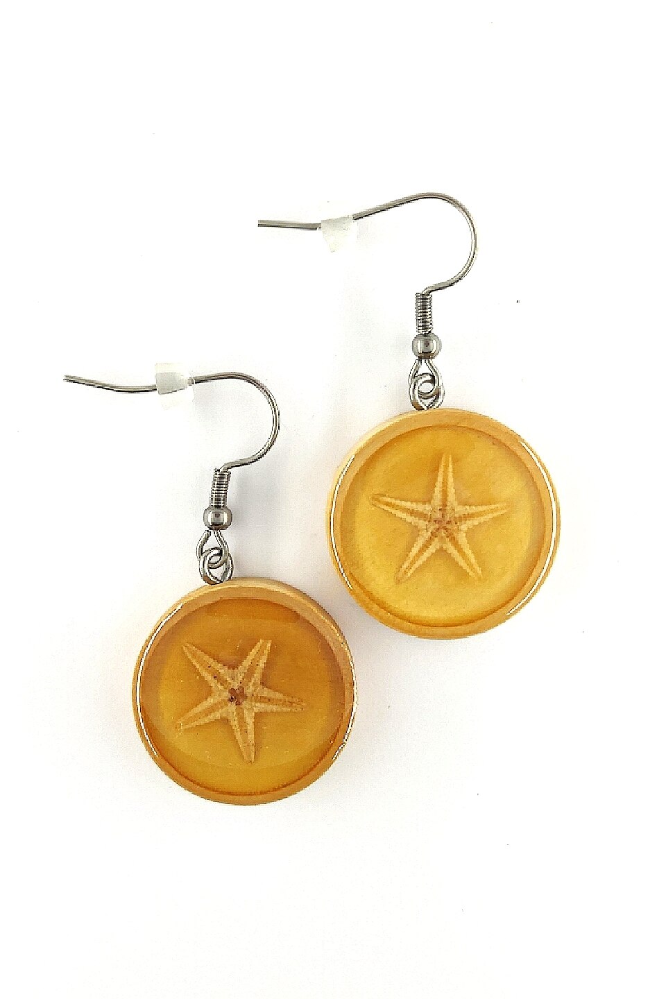 Cercei din lemn si rasina, Delirium, aliaj metalic, stele de mare, unicat