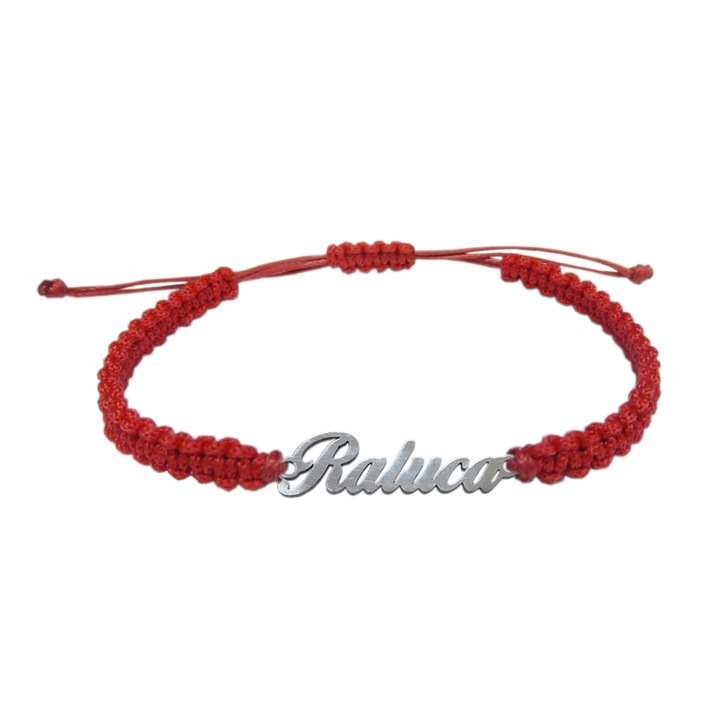 Ръчно плетена гривна от шнур, персонализирана с името RALUCA в сребристо, регулируема 9441100 Dras, Червен, 27 CM
