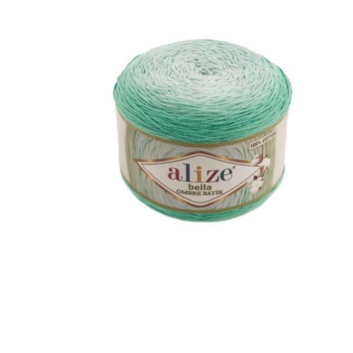 Fir Textil Alize Bella Ombre Batik 7408 pentru crosetat si tricotat, bumbac, verde, 900 m