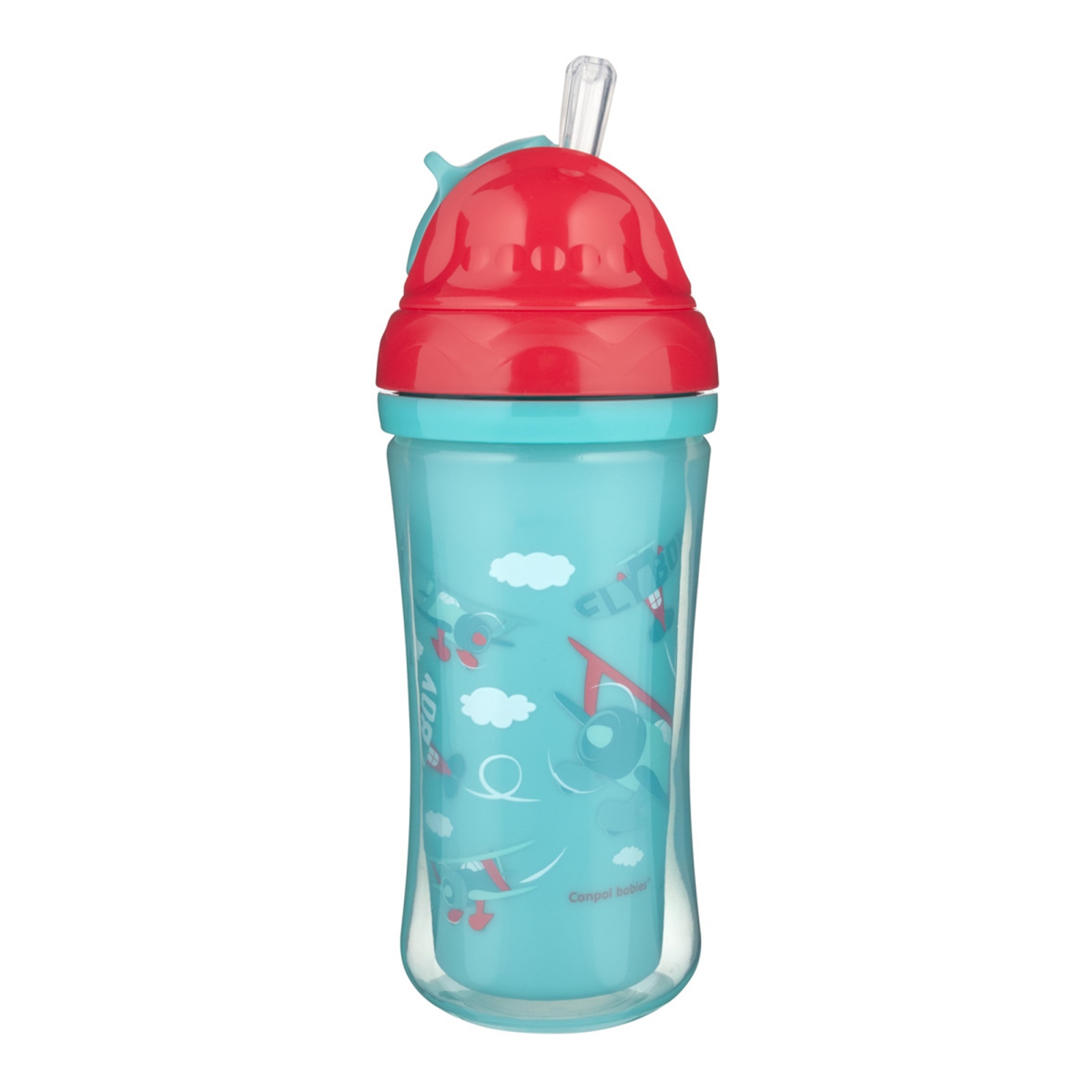 Cana sport cu pai retractabil „Avioane“, Canpol babies®, fara BPA, 260 ml, rosu Rosu/Turcoaz 260 ml