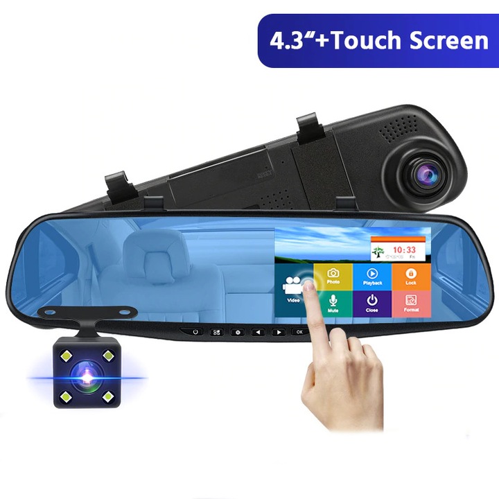 Огледална камера за кола, двоен DVR Loosafe™ RoadTeam L2100 PRO, FullHD, 170 градуса, камера за заден ход, режим на паркиране, цикличен запис, автоматично включване/изключване, черен