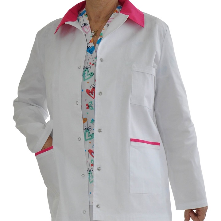 Bluza medicala cu guler rever, alb/fucsia, marimea 52