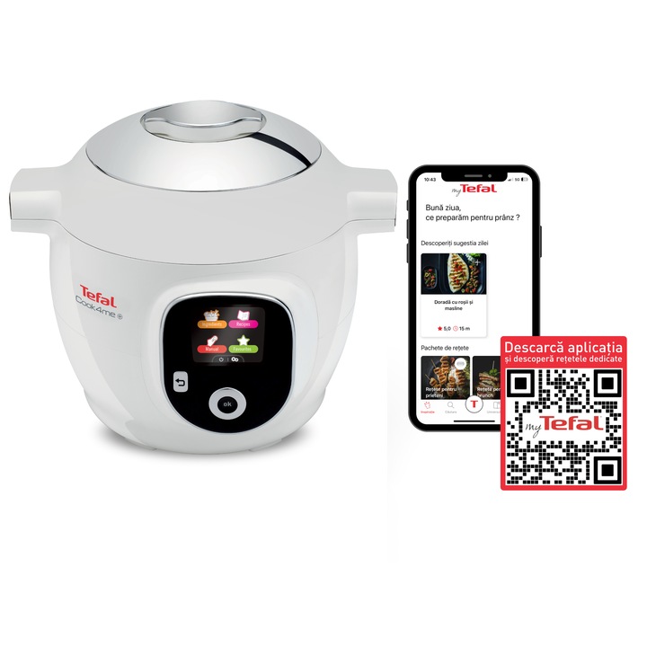 Cook 4 me Tefal Multicooker inteligent cu gatire sub presiune CY851130 1600W 6 moduri de gatit instructiuni pas cu pas rapid si usor 150 de retete capacitate 6 l alb eMAG.ro