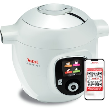 Multicooker inteligent cu gatire sub presiune Tefal Cook4me+ CY851130, 1600W, vas ceramic antiaderent 6L, 6 moduri de gatit, 150 de retete preinstalate, functie pastrare la cald, alb