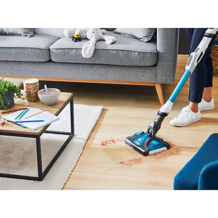 Aspirator vertical Rowenta Air Force 560 Flex Aqua RH9490WO, 43W, 21.9V, autonomie 35 min,flexibil, putere aspirare 100 AirWats, tehnologie ciclonica, Animal&Car Care, functii inteligente, alb/albastru