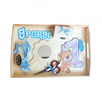 Set tava mot personalizata, baietel 1 an, decor ursulet Denikos® 212 Set tava mot personalizata, baietel 1 an, decor ursulet Denikos® 212