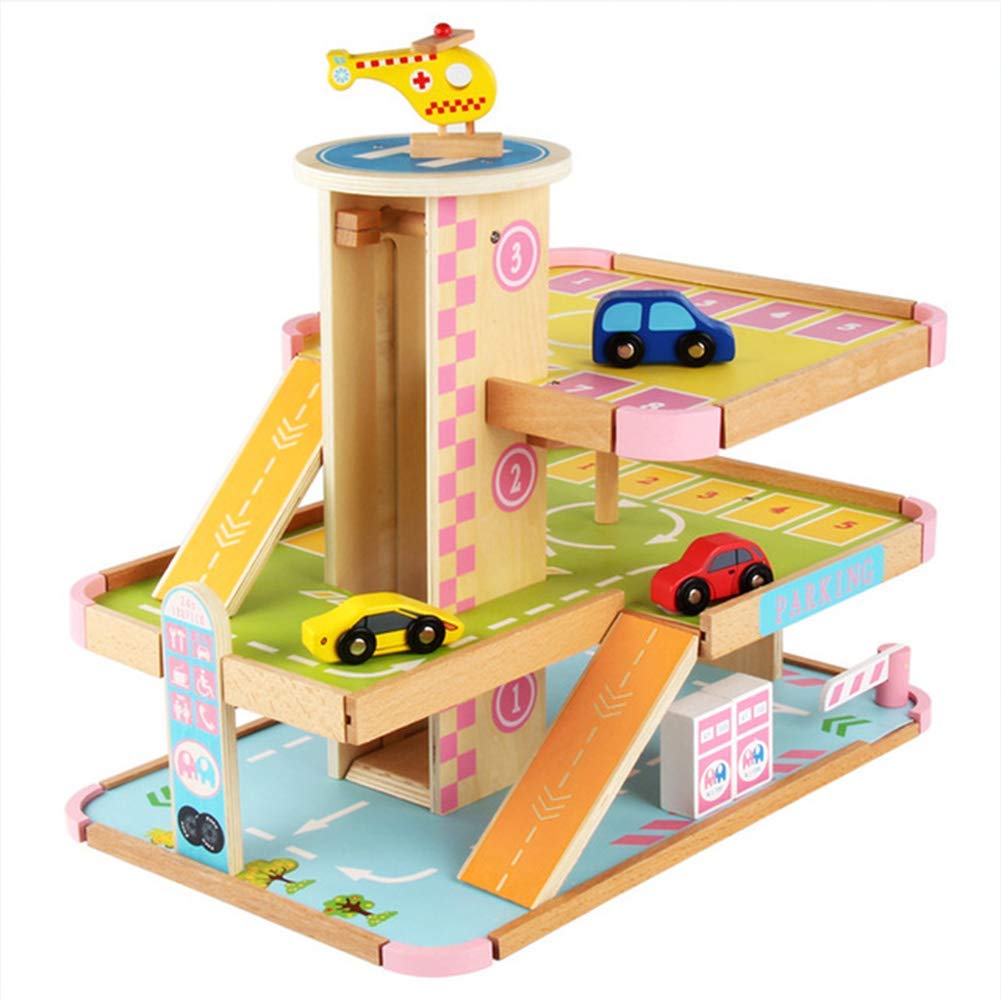 Jucarie educativa din lemn, tip parcare supraetajata , masinute, elicopter si diverse accesorii, multicolor, BBL1295