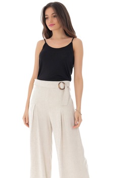 Pantaloni crem evazati, cu catarama in talie ROH - TR351, S Pantaloni crem evazati, cu catarama in talie ROH - TR351, S