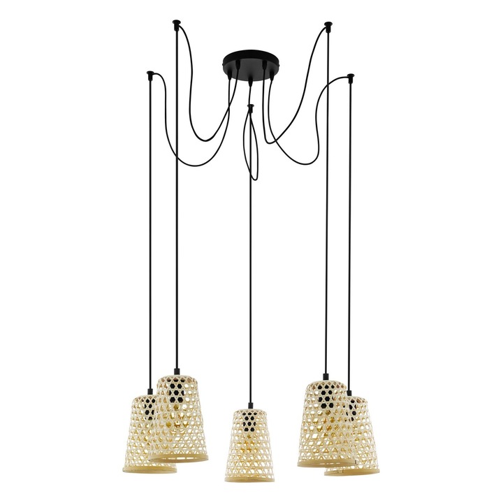 Пендел CLAVERDON, Винтидж, EGLO, 5xE27, стомана, черно, дърво, естествен цвят, 200 см, регулируема височина