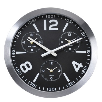 Ceas de perete din Aluminiu, 45.5x5.4cm, cadran Negru cu 3 ceasuri mici, rama groasa argintie Ceas de perete din Aluminiu, 45.5x5.4cm, cadran Negru cu 3 ceasuri mici, rama groasa argintie