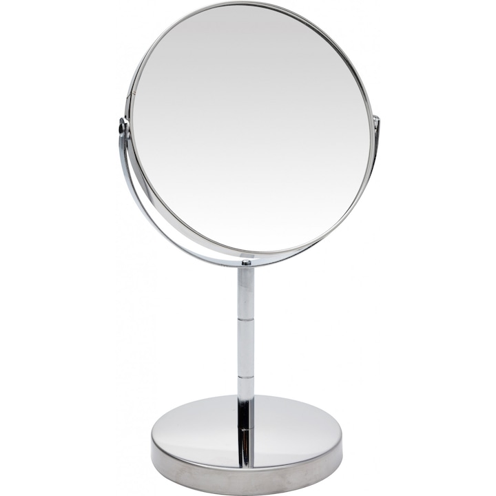 Oglinda cosmetica rama inox, cu 2 fete vizualizare normala si amplificare 2X, rotatie 360 grade, Argintiu