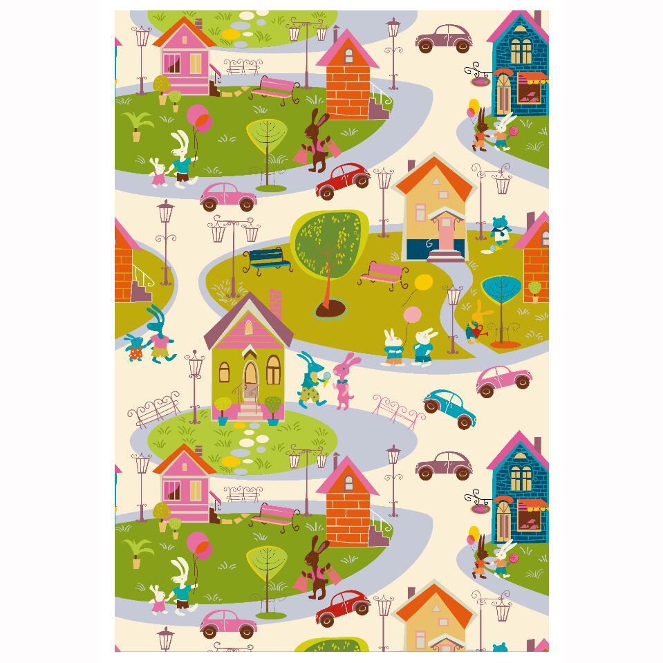 Covor cu print digital Kring Town, 100x150 cm, 100% bumbac, Multicolor