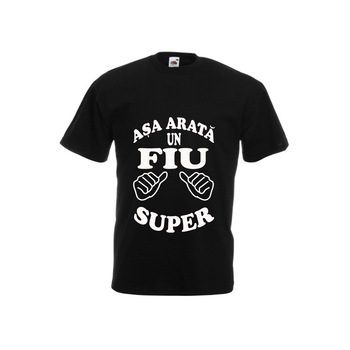 Tricou personalizat Fruit of the loom, negru, Asa arata un fiu super, 2XL Tricou personalizat Fruit of the loom, negru, Asa arata un fiu super, 2XL