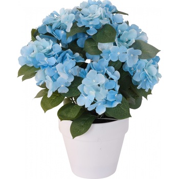Hortensie Artificiala decorativa, culoare Albastra cu frunze Verzi in ghiveci Alb, de interior sau exterior, rezistente la Umiditate, D floare 37 cm, D ghiveci15 cm Hortensie Artificiala decorativa, culoare Albastra cu frunze Verzi in ghiveci Alb, de interior sau exterior, rezistente la Umiditate, D floare 37 cm, D ghiveci15 cm