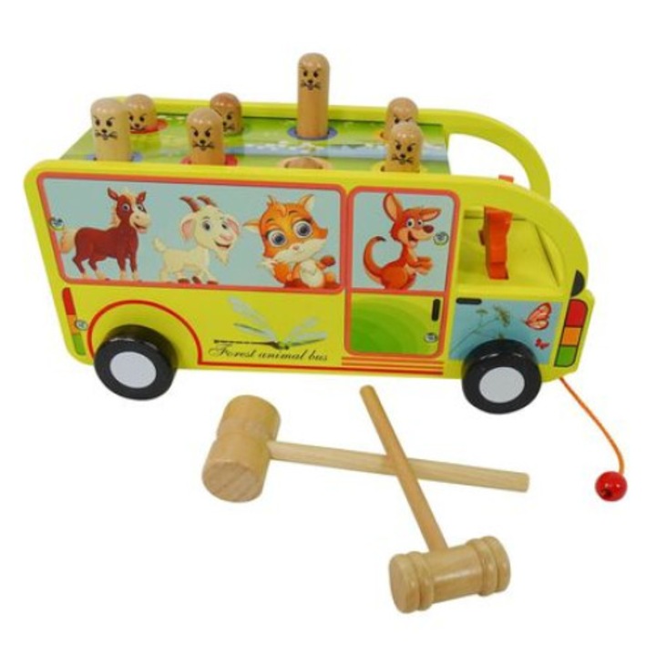Jucarie educativa si interactiva, tip autobuz din lemn, cu tractiune si snurulet, ciocanel si animale, BBL1299