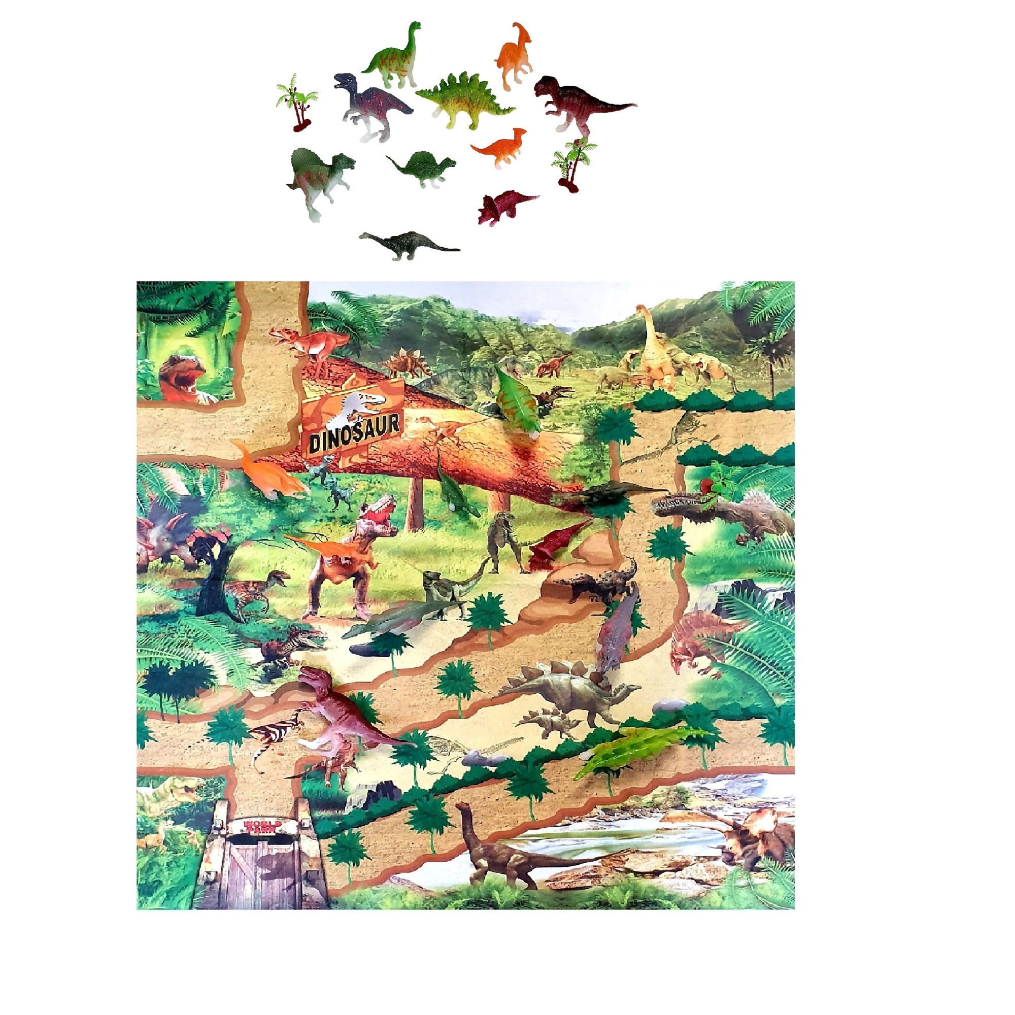 Set 10 dinozauri si covoras de joaca textil 70 x 80 cm