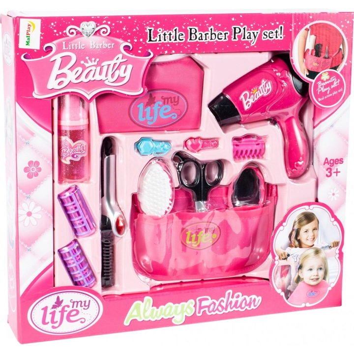 Set de coafura pentru copii Malplay cu uscator, ondulator, clame, oglinda si pelerina de coafura