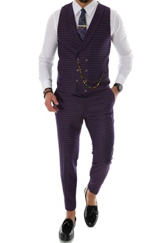 Costum in carouri, pentru barbati, elegant, slim fit, vesta, pantaloni, mov, XL Costum in carouri, pentru barbati, elegant, slim fit, vesta, pantaloni, mov, XL