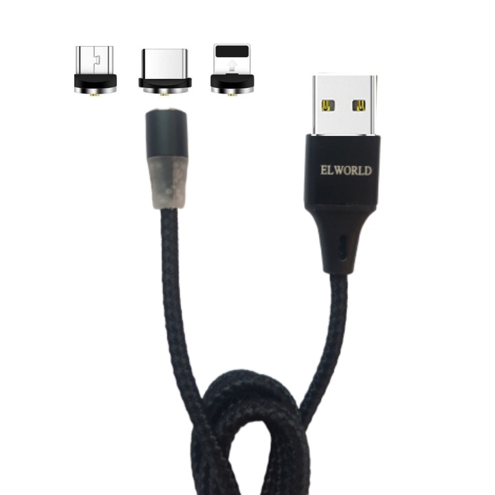 Cablu de incarcare magnetic Elworld, 3 in 1 USB-C, Micro-USB, Lightning, conectori metalici din aluminiu, invelis protector din nailon, 5V, 2A, 120 cm, Led, negru