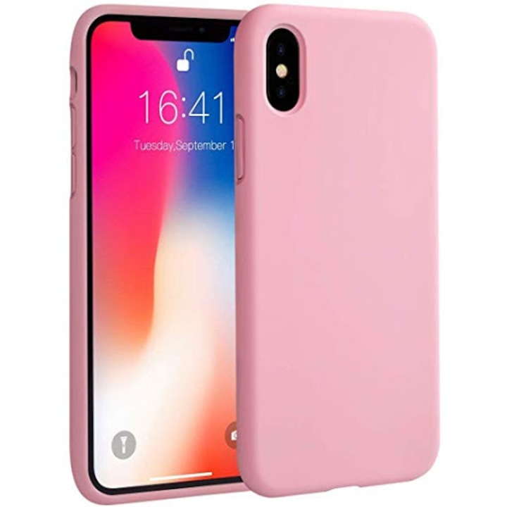 Husa compatibila cu iPhone 10 Max, iPhone XS Max, PlanetPhone, ultra slim, silicon, cu interiorul din material textil, Roz