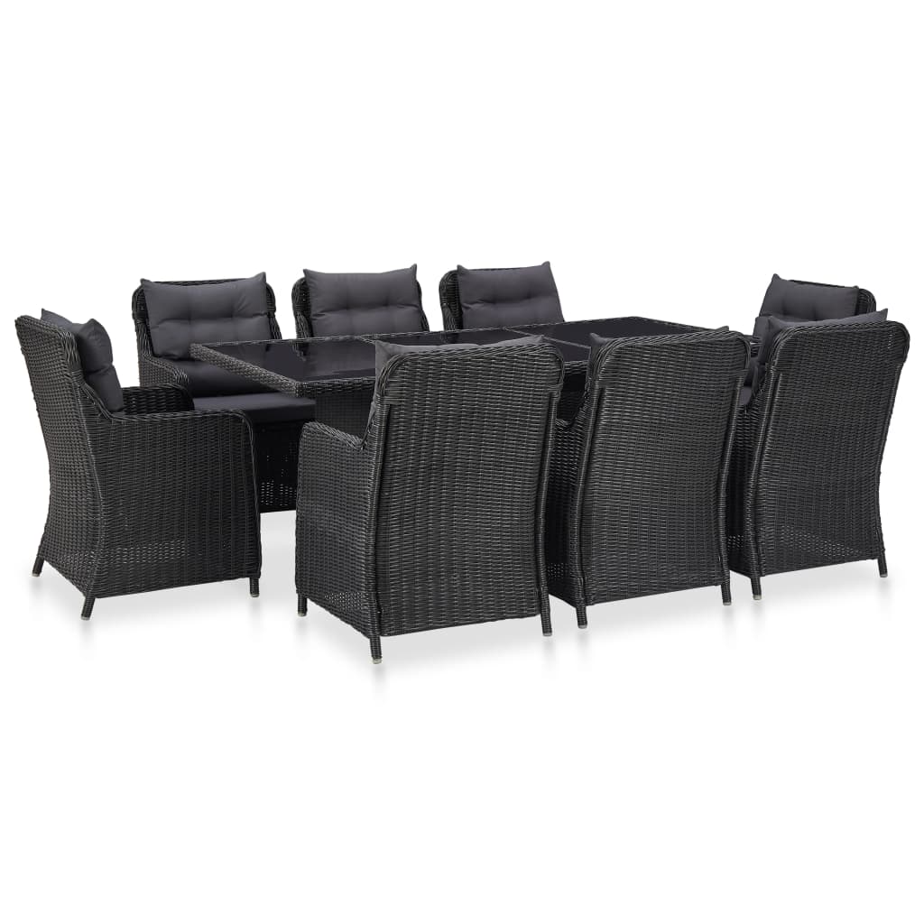 Set mobilier de exterior 9 piese masa cu scaune cu perne, vidaXL, Poliratan/sticla, 200 x 100 x 74 cm, Negru