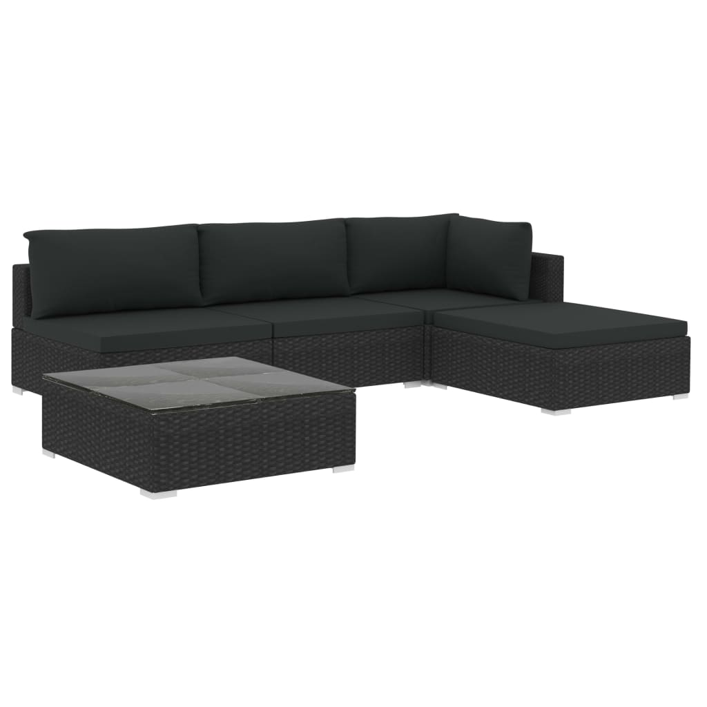 Set mobilier gradina 5 piese, vidaXL, Ratan/Sticla, 70 x 70 x 52,5 cm, Negru