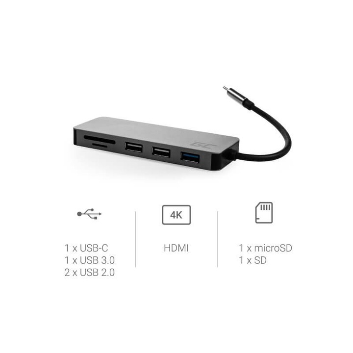 Green Cell USB-C Hub AK50 - мултифункционален хъб за свързване на допълнителна периферия за устройства с USB-C (тъмносив)