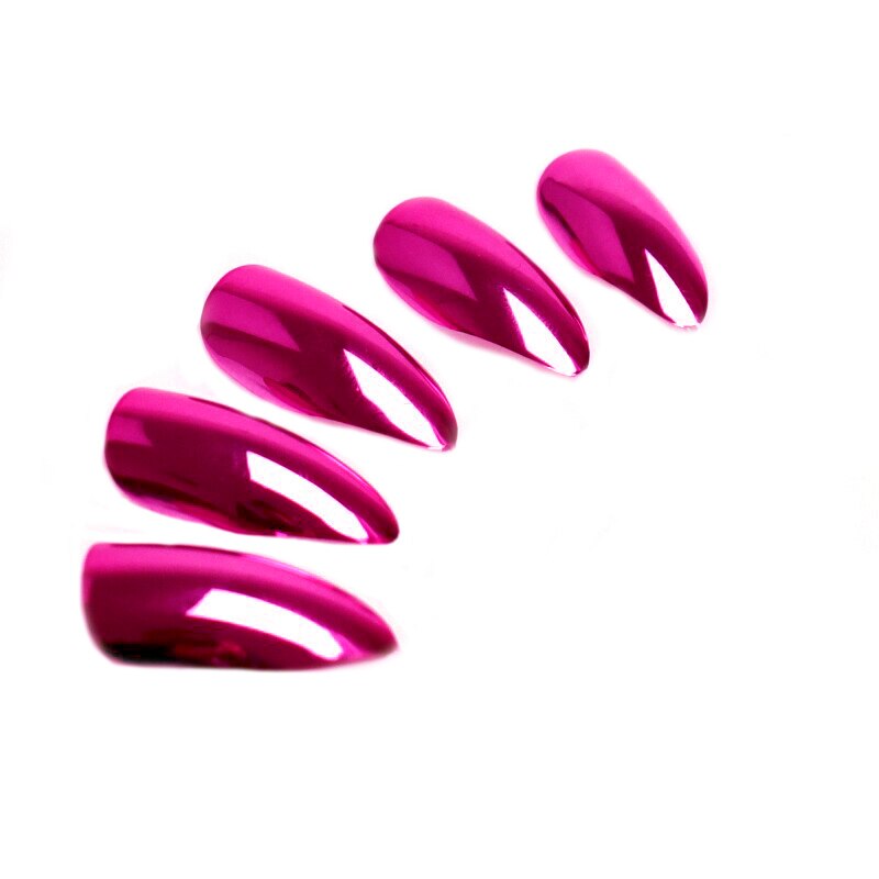 Set 12 unghii false autoadezive tip press ON, tipsuri stiletto cu adeziv abtibild inclus, model almond oglinda Fucsia