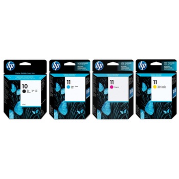 Pachet cartuse cerneala C4844A (10) negru C4836A (11) cyan C4837A (11) magenta C4838A (11) galben HP original 7000 pagini Pachet cartuse cerneala C4844A (10) negru C4836A (11) cyan C4837A (11) magenta C4838A (11) galben HP original 7000 pagini