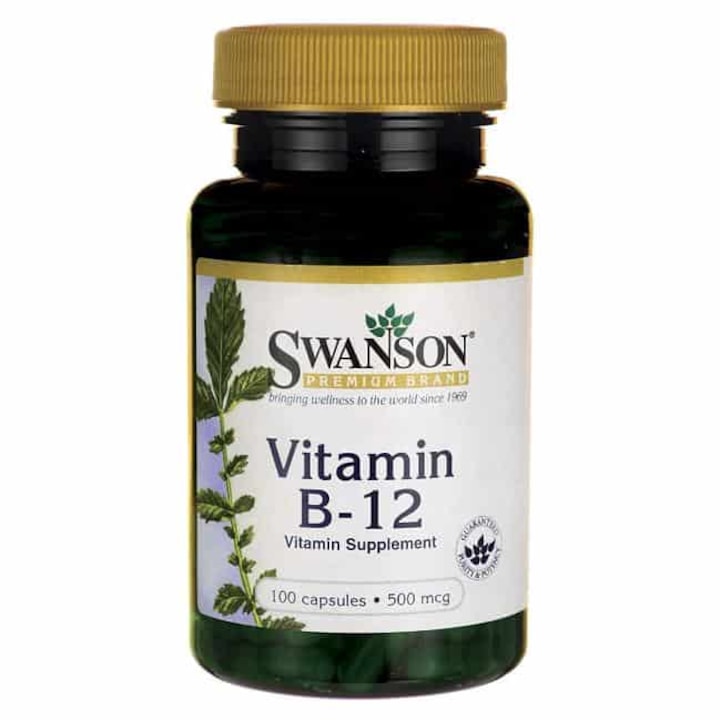 Витамин B12 500mcg SWANSON, цианокобаламин, подпомагане на имунната система и метаболизма - 100 капсули