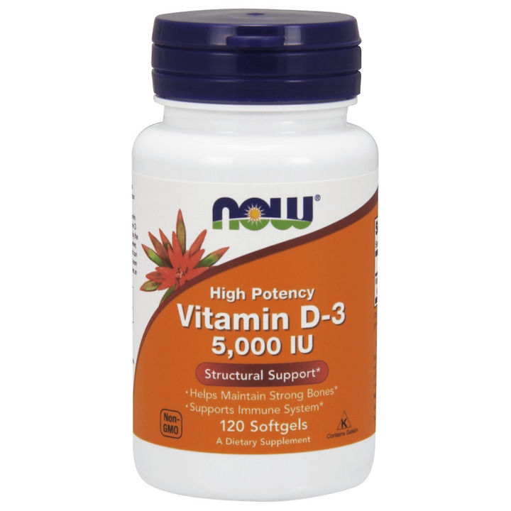 Витамин D3 Now Foods, 5000 IU, Поддържа здравината на костите и имунитета, 120 меки капсули