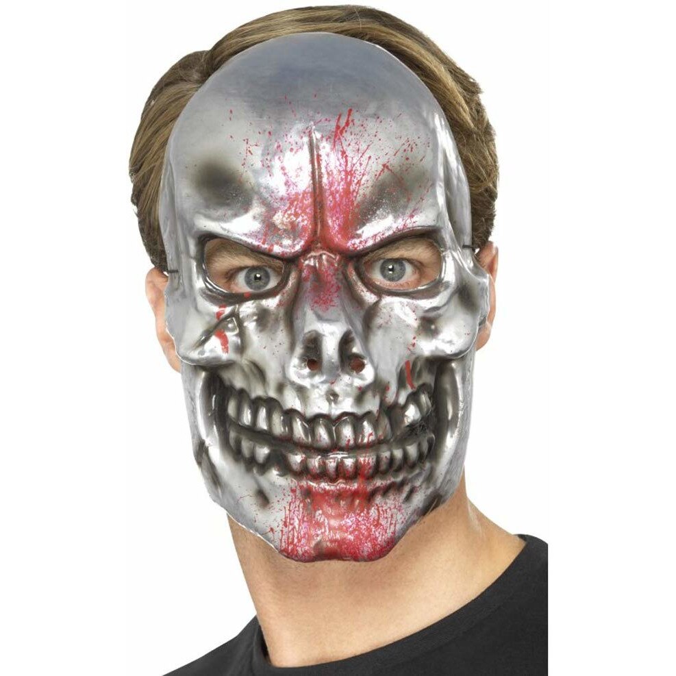 Masca craniu din plastic, argintiu cu imprimeu sange, Smiffy