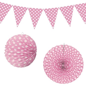 Set pentru petrecere, Zola®, roz cu buline, 3 bucati, ghirlanda, evantai, globulet Set pentru petrecere, Zola®, roz cu buline, 3 bucati, ghirlanda, evantai, globulet