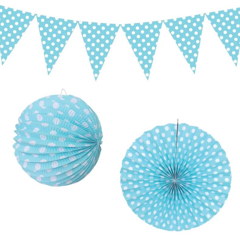 Set pentru petrecere, Zola®, albastru cu buline, 3 bucati, ghirlanda, globulet, evantai