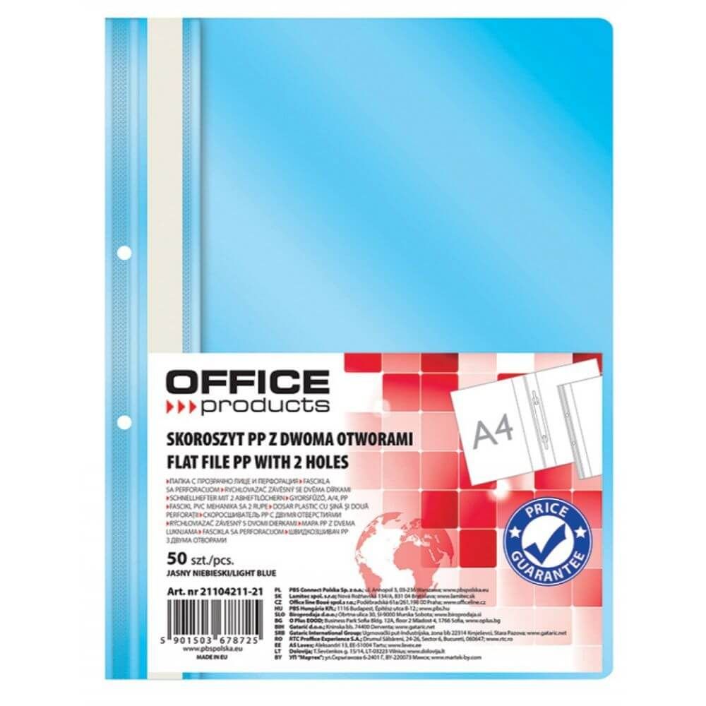 Dosare din Plastic cu Sina si Doua Perforatii, 225x305 mm, Capacitate 200 Coli, 50 Buc/Set, Culoare Bleu