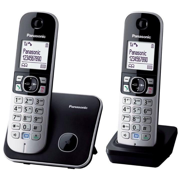 Telefon Panasonic Dect KX-TG6812FXB, Twin, 2 receptoare, Caller ID, Negru/Argintiu