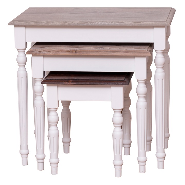 Set 3 mese cafea, culoare gri si maro, dublu color, 100% lemn masiv